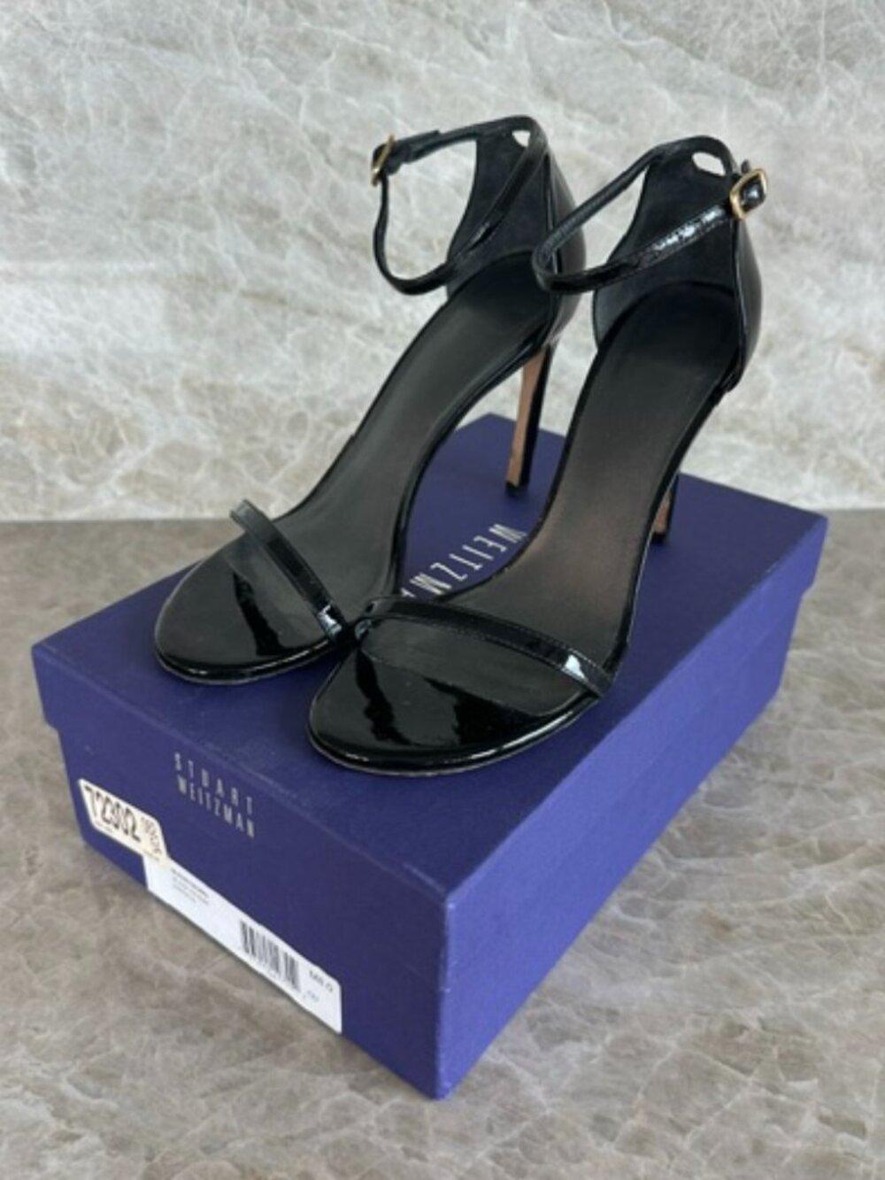 Stuart Weitzman Nudistsong Black Patent Heel Sandals Sz 8